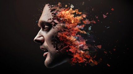 Fusion of Humanity & Technology: Digital Art Concept of Face Dissolving into Colorful Particles Symbolizing Creative Complexity of Data Visualization