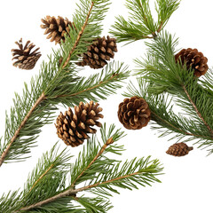 Fototapeta premium Green pine branches with various sized brown pine cones scattered