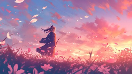 Gentle anime-inspired floral scene with floating pink petals, set against a warm sunset sky, ideal for peaceful moments
