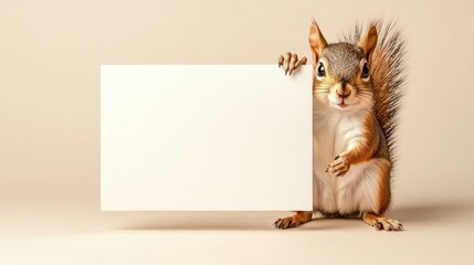 Cute Squirrel Displaying Blank Sign with Paws on Light Background