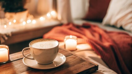 Cozy Bedroom with Coffee and Candles on Wooden Tray