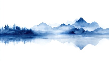 Misty Winter Mountains in Watercolor Style with Serene Blue Tones