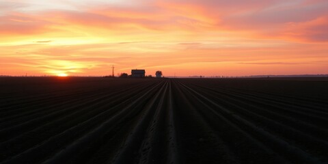 Fototapeta premium A lone farmhouse sits on the horizon, silhouetted against a vibrant orange sunset, as rows of tilled earth lead the eye towards the fiery sky.