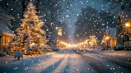 Magical christmas evening snowy street festive scene peaceful neighborhood warm glow celebrating the holiday spirit