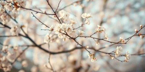 Delicate White Blossoms Gracefully Adorn a Branch Against a Softly Blurred Background of Nature's Palette
