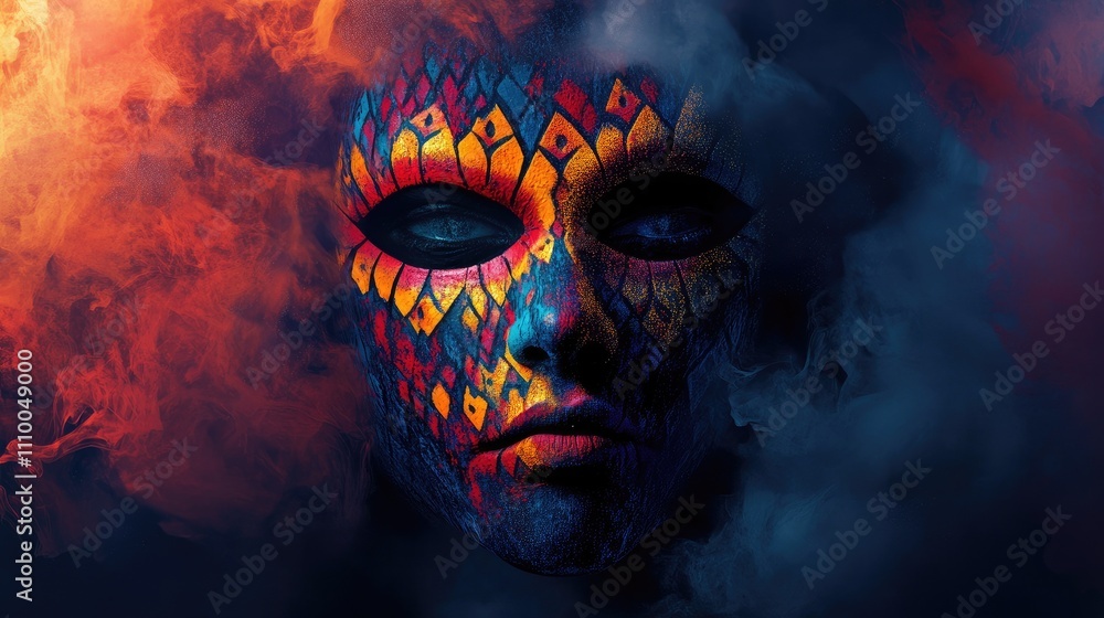Poster vibrant and mysterious masked figure surrounded by colorful smoke in an ethereal setting, capturing 