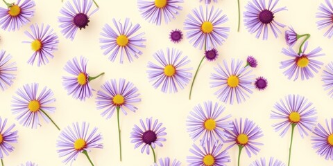 A delicate pattern of purple flowers with yellow centers arranged on a light yellow background.