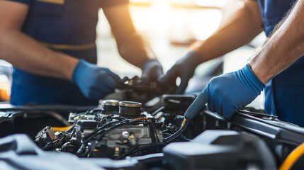 Mechanics working on engine in industrial setting, focused and skilled