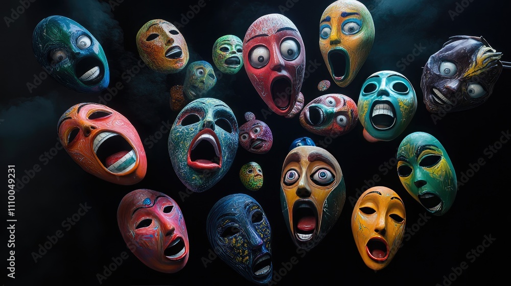 Poster colorful abstract masks with distinct expressions displaying fear and emotion surrounded by dark bac