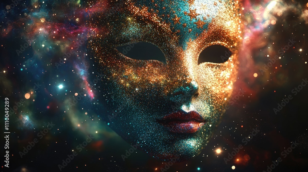 Poster ethereal cosmic mask with glittering stars and mystical colors against a deep space background creat