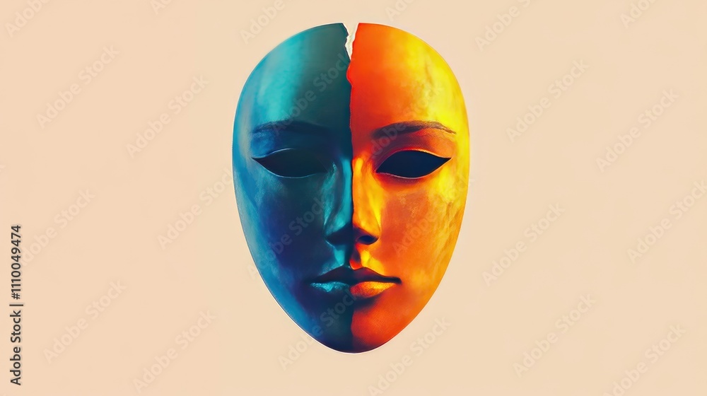 Poster a split mask representing duality and emotions with blue and orange colors symbolizing conflict and 