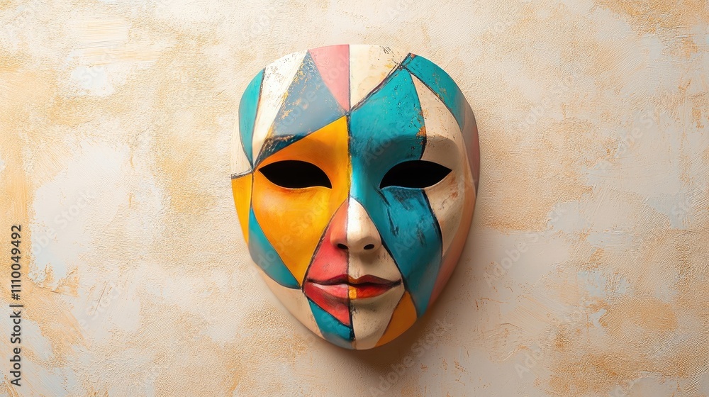 Poster artistic colorful mask display with geometric patterns on a textured background for creative and cul