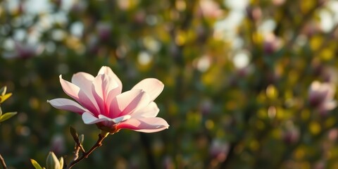 Obraz premium A single, delicate pink magnolia blossom emerges from a backdrop of blurred foliage, showcasing the beauty of nature's subtle details.