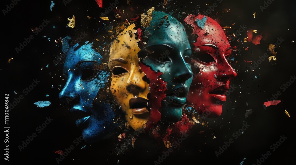 Poster dramatic artwork featuring colorful fragmented masks representing emotions and identity in a dark ba