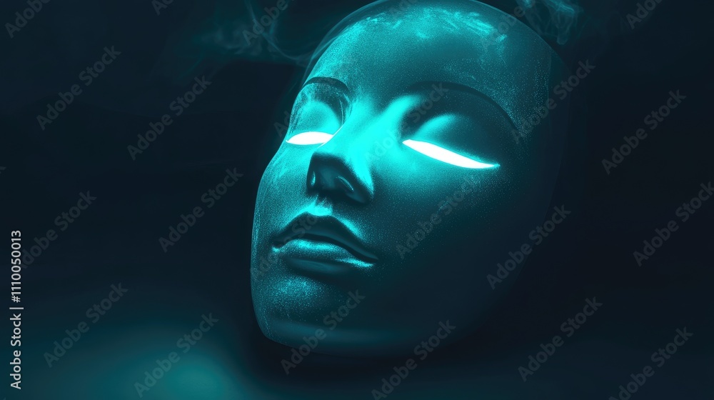 Poster ethereal abstract concept of a glowing mask with soft features surrounded by shadows and mysterious 
