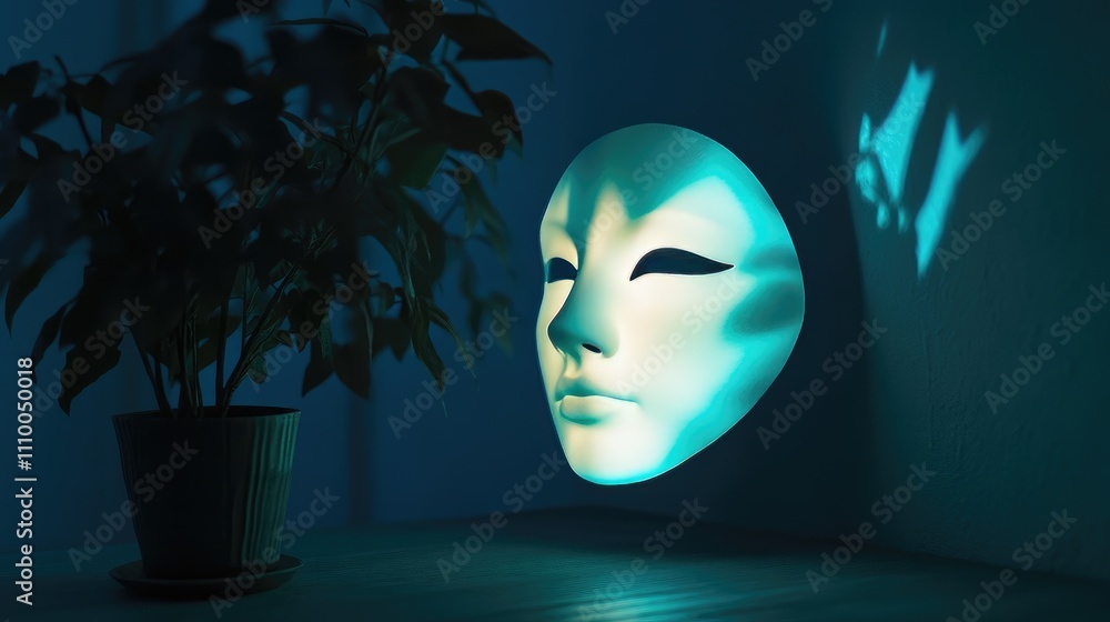 Poster a mysterious white mask illuminated by soft light next to a plant creating an enigmatic atmosphere i