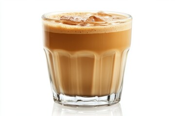Iced coffee in a glass, frothy top. Perfect for menus, blogs, or advertising refreshing summer drinks.