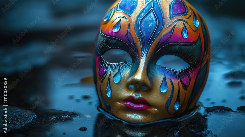 Poster colorful artistic mask floating in water with reflection and tears, capturing emotions and mystique 