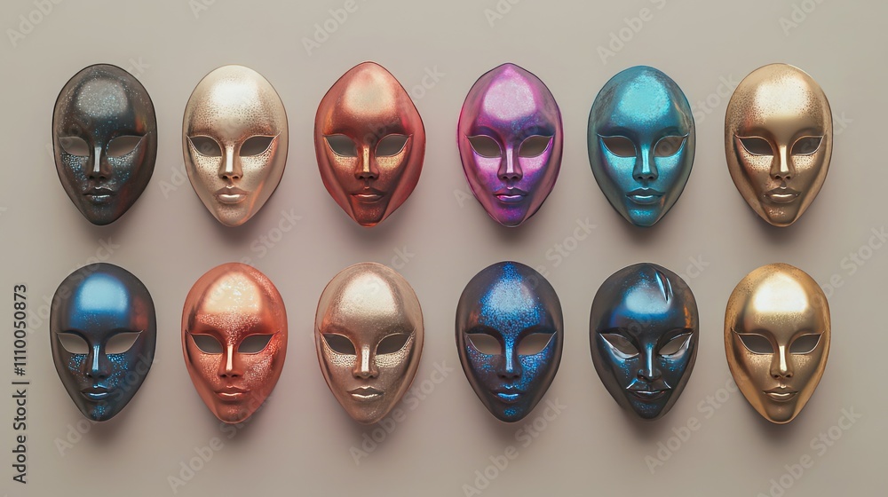 Poster collection of artistic alien masks in various metallic colors displayed on soft background for creat