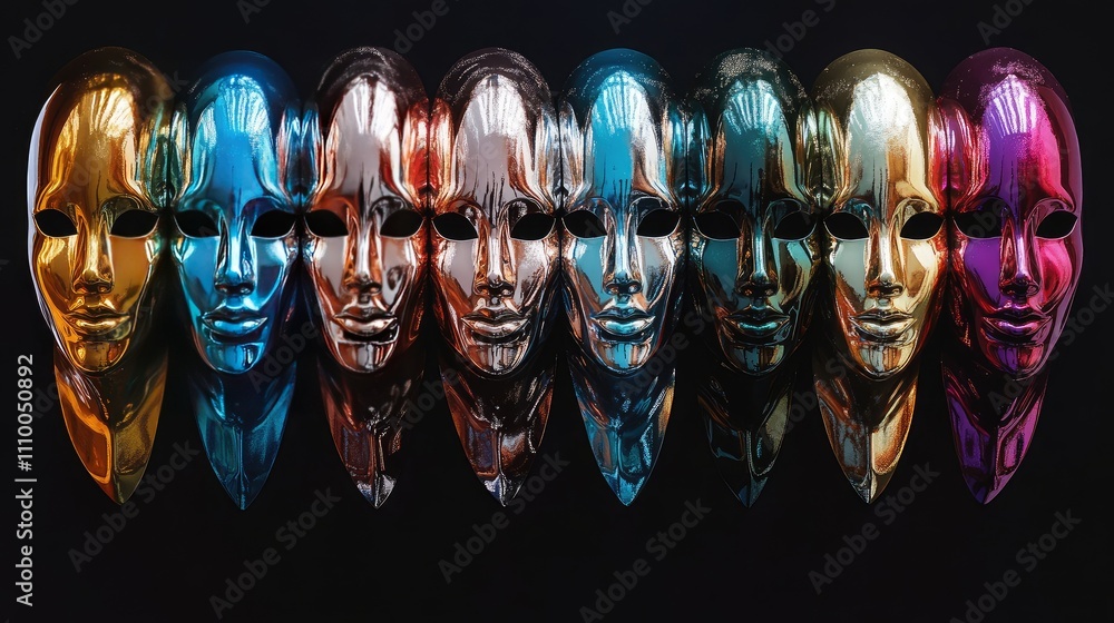 Poster unique display of colorful glossy masks representing human emotions and identity in artistic express