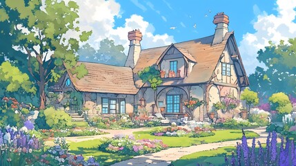 Gentle sketch of a traditional countryside home, with flowering gardens and quiet paths, inspired by lofi aesthetics