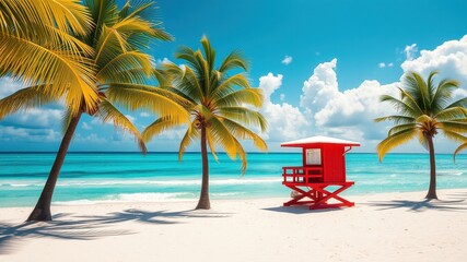 Serene Tropical Beach with a Vibrant Red Lifeguard Station and Palm Trees Swaying Gently in the Warm Breeze