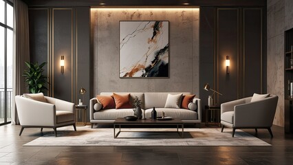 Modern, luxurious, and cozy furniture for the interior, including a floor, wall, and chair, as well as a decorative design and background