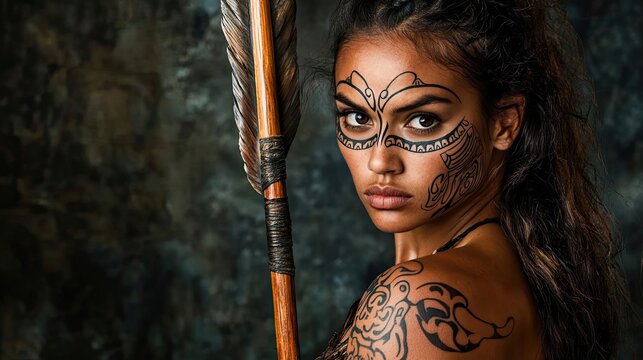 Polynesian Warrior Woman with Tribal Tattoos and Spear