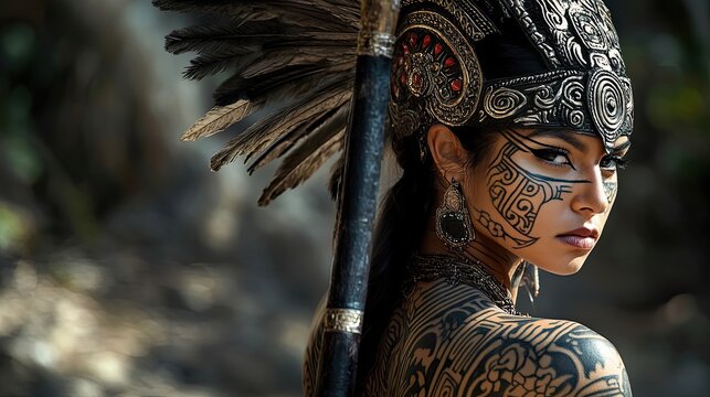 Warrior Woman Adorned In Ancient Mayan Regalia