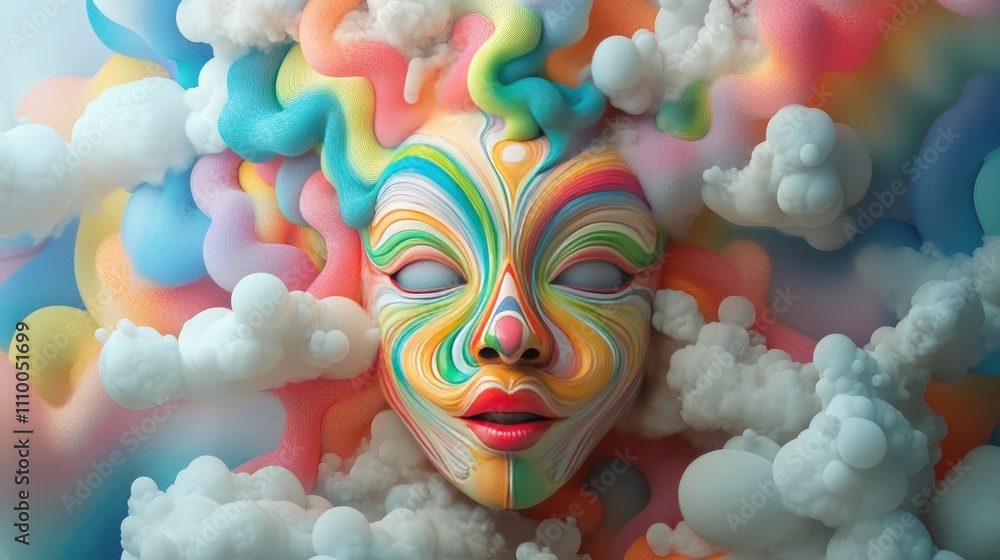 Poster vibrant abstract portrait with rainbow colors and whimsical cloud background capturing the essence o