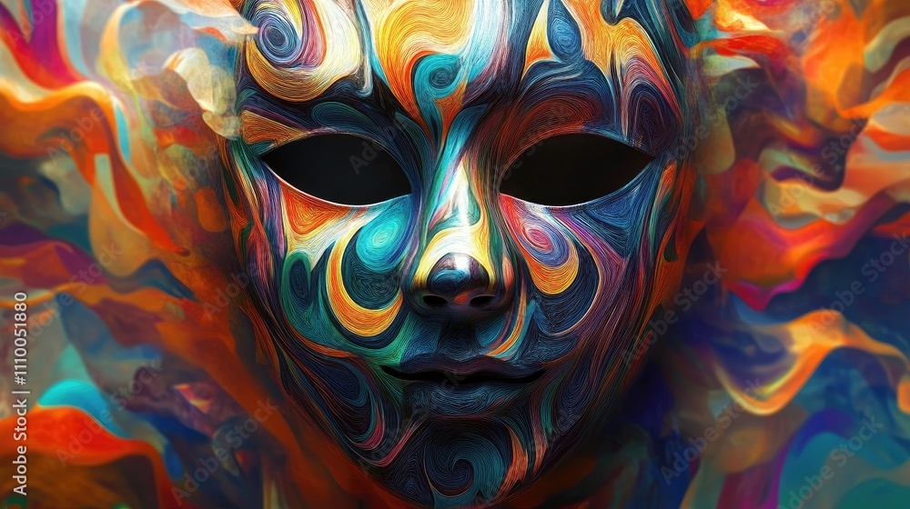 Poster abstract colorful mask with intricate swirling patterns and dark eye sockets, representing emotion a