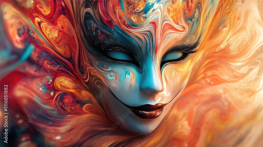 Poster enigmatic portrait of a masked figure with vibrant colorful abstract patterns merging with mystical 