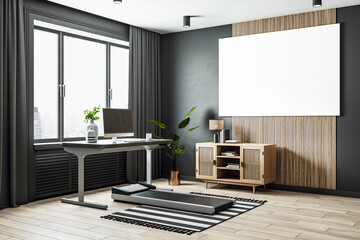 Modern workspace with desk, computer, and treadmill in a bright room with city view, wooden furniture, striped rug, and clean design. 3D Rendering