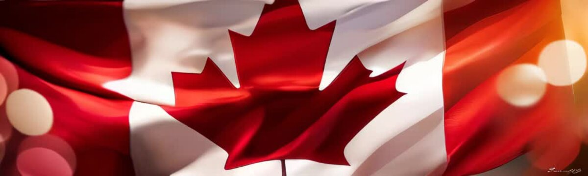 Banner flag of Canada on the wavy surface of fabric against bokeh lights background. Canadian flag copy space backdrop