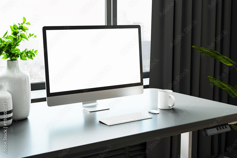 Poster modern workspace with computer and decor in bright office room, city view through window. 3d renderi
