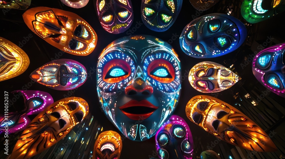 Poster vibrant and colorful display of artistic masks illuminated with bright lights in a darkened backgrou