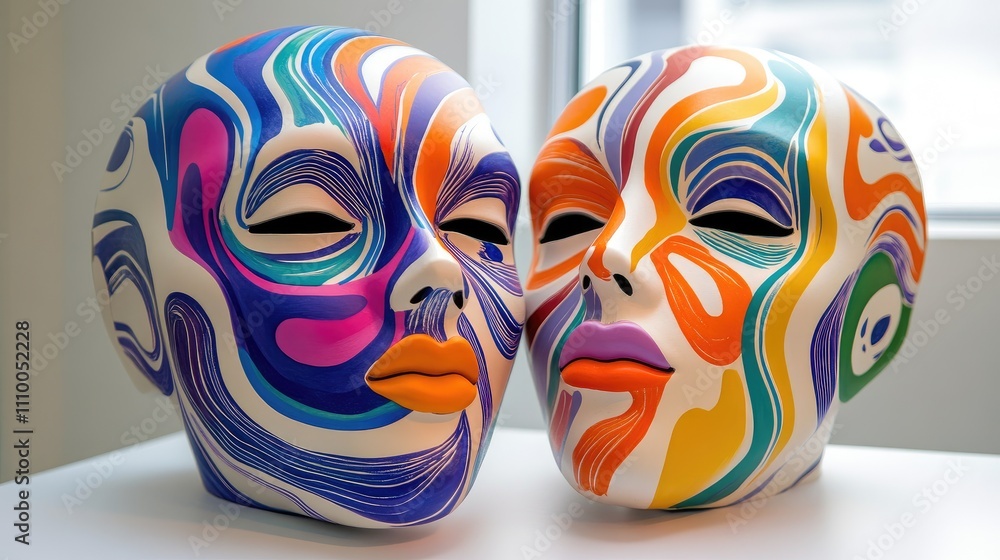 Poster artistic colorful mannequin heads displaying vibrant abstract designs with intricate patterns and ey