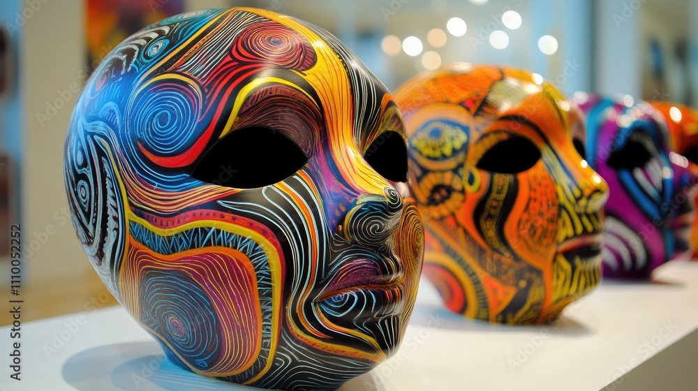 Poster colorful art masks displayed in gallery showcasing unique designs and intricate patterns with vibran