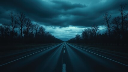 A Long, Straight Road Disappears Into The Distance Under An Ominous, Dark Sky With Silhouette Trees On Either Side