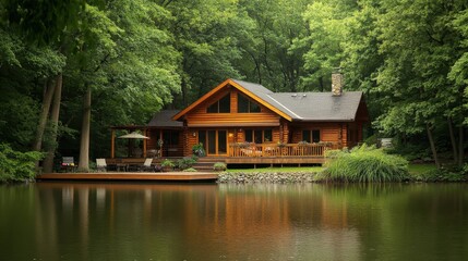 Obraz premium Rustic log cabin by a tranquil lake, surrounded by lush forest. Ideal for real estate, travel, or nature websites, showcasing peaceful living.
