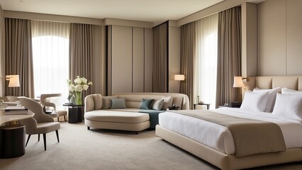 The opulent hotel room featured a contemporary interior design with a roomy arrangement and soft furnishings that gave visitors a homey feeling. Natural light was able to enter through the huge window