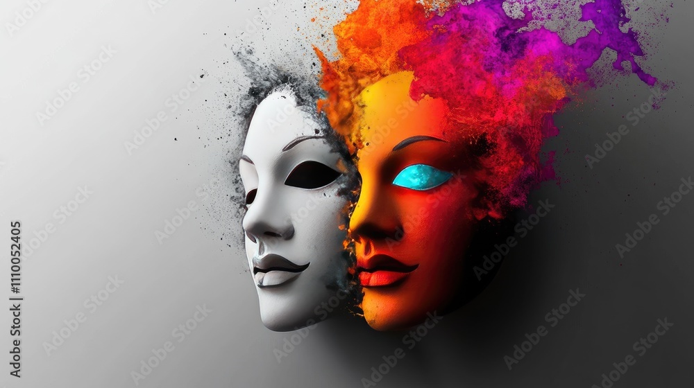 Poster artistic representation of duality and emotion featuring mask with colorful explosions demonstrating