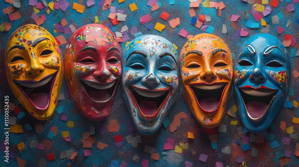 Poster colorful theater masks displayed in a playful arrangement against a vibrant background of confetti a