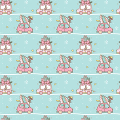 Cute Pastel Coquette Christmas Car seamless pattern doodle hand drawn isolated on background