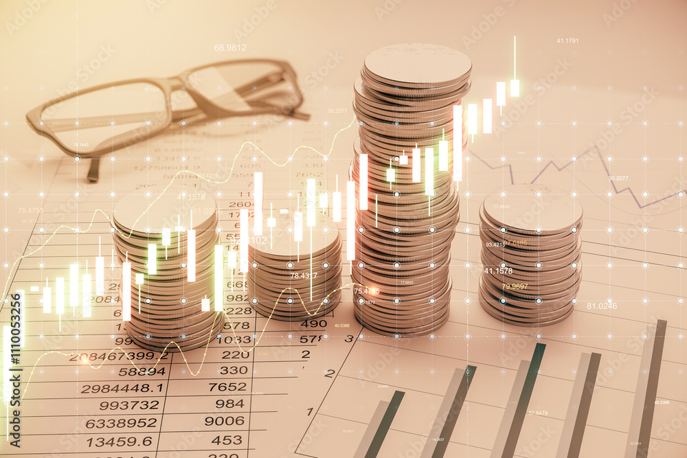 Poster stacked coins with financial charts in the background.