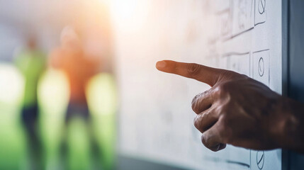 Close up of hand pointing at game tactics on whiteboard