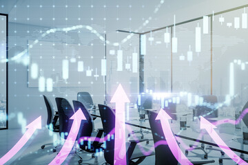 Conference room with stock chart overlay and arrows.
