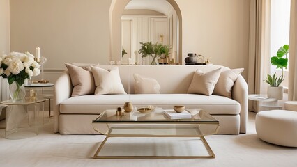  A chic sofa, a glass table, and a beige-toned living room-
