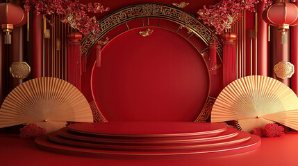 Chinese-style background, red and gold color scheme, three-dimensional round podium with folding fans hanging on the wall behind it