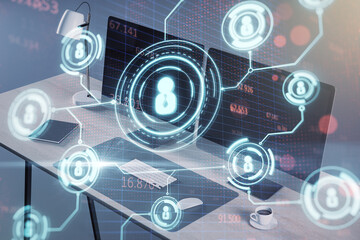 Digital network overlay on workspace with modern desk setup.